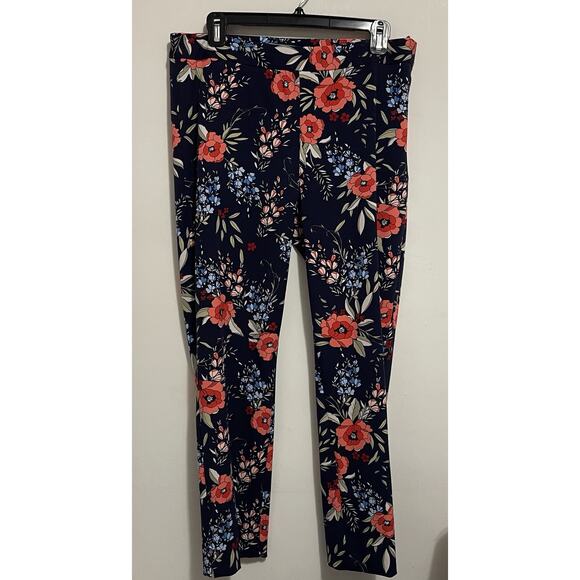 Lands End Pants Womens 8 Mid Rise Stretch Knit Blue White Floral Slim Leg - Picture 1 of 10